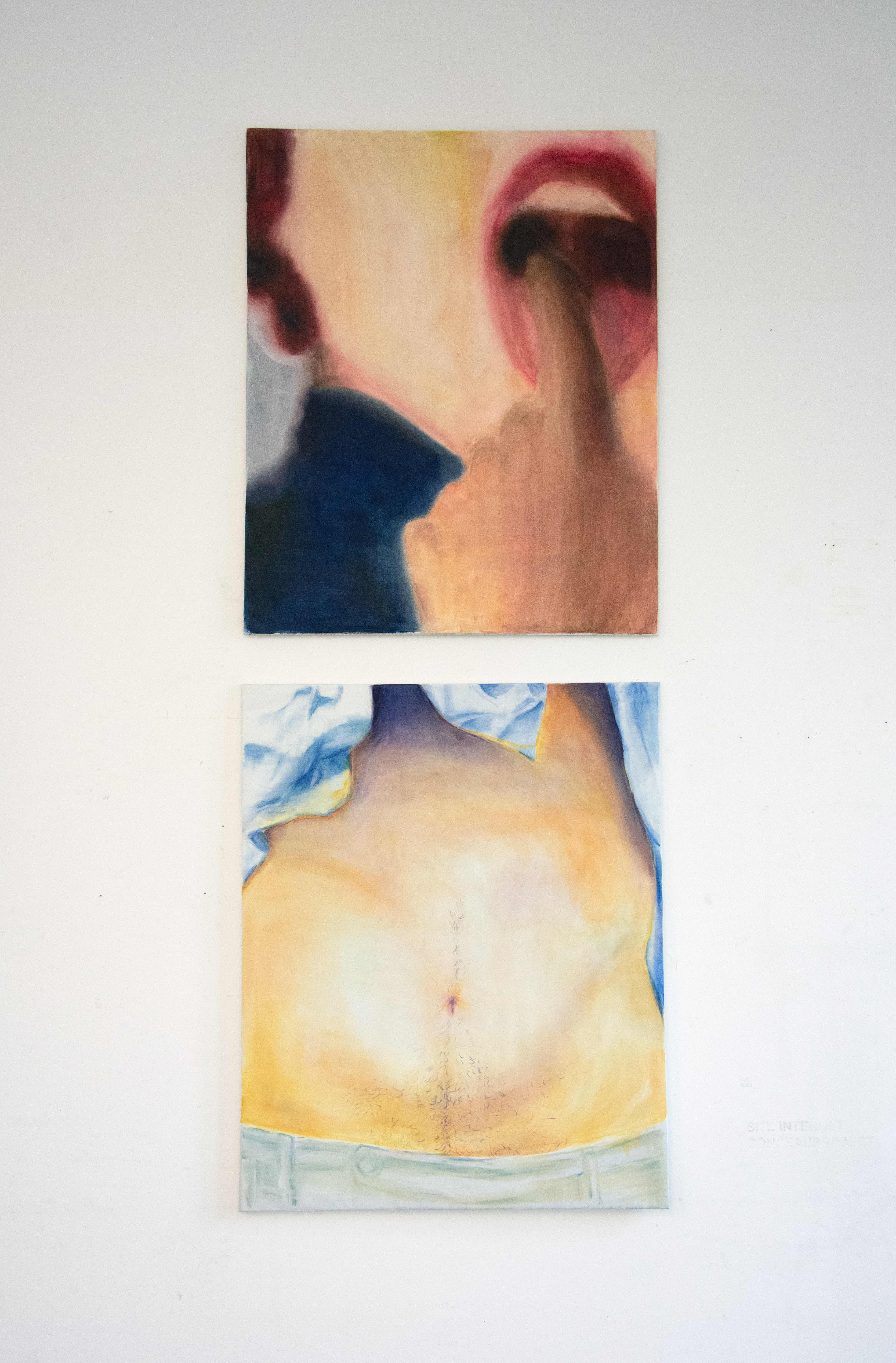 Two Oil paintings. One is a mouth opened with a finger inside, the other is an 
        exposed belly with blue shirt and green pants visible.